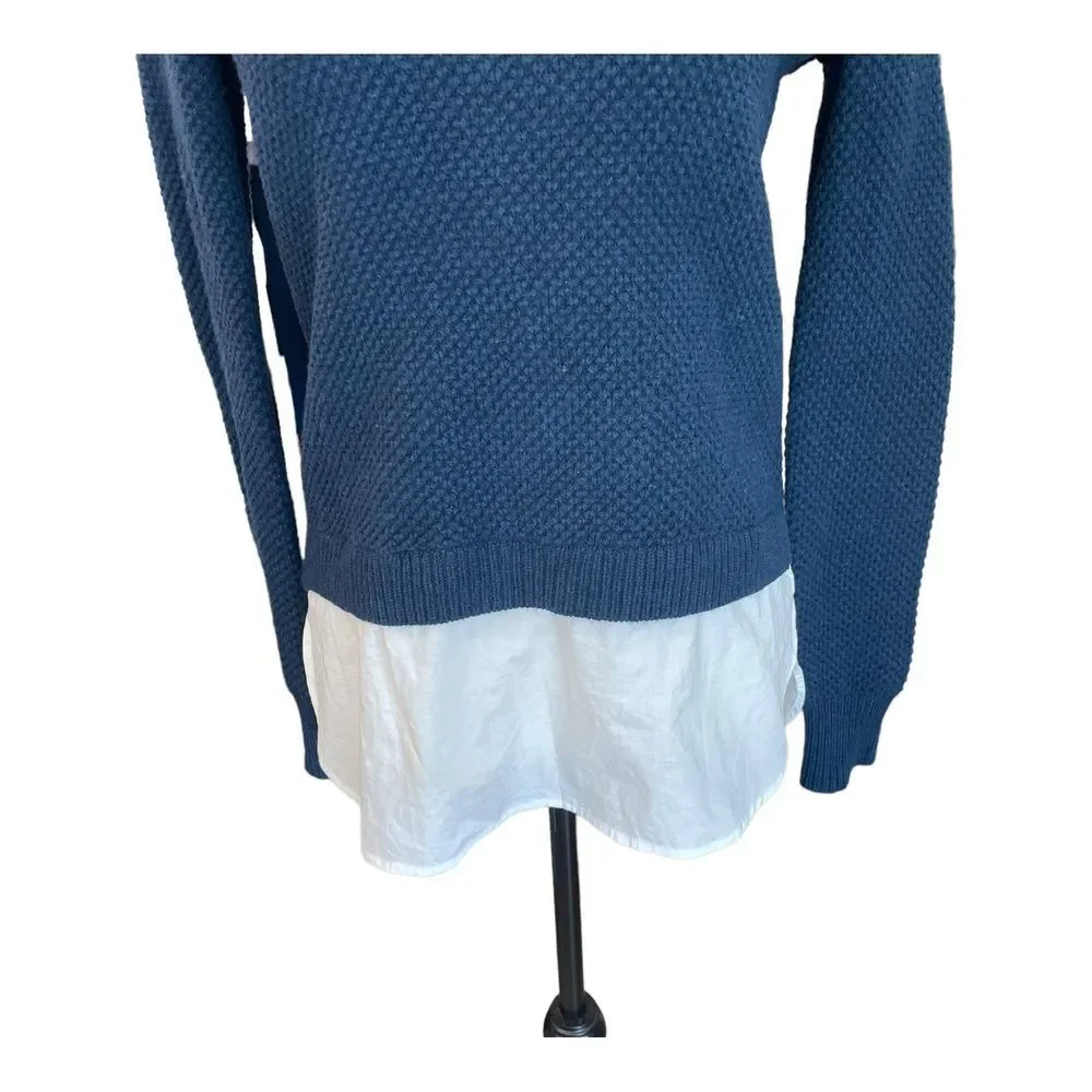 J.Crew Womens Sweater Wool Crewneck Layered Blue White Waffle Knit Solid XS